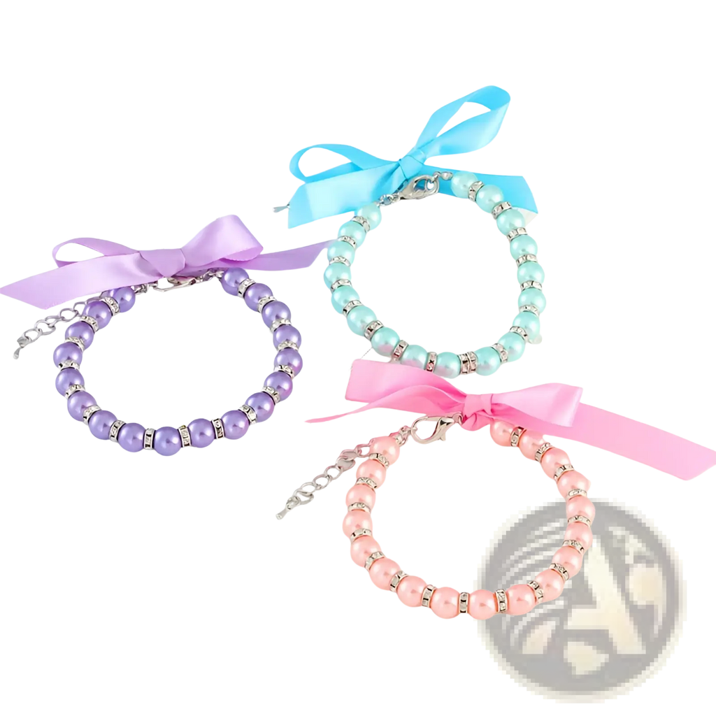 Pearl pet collar pastel ribbon necklace featuring three pastel-colored pearl bracelets with silver rhinestone accents and satin bows