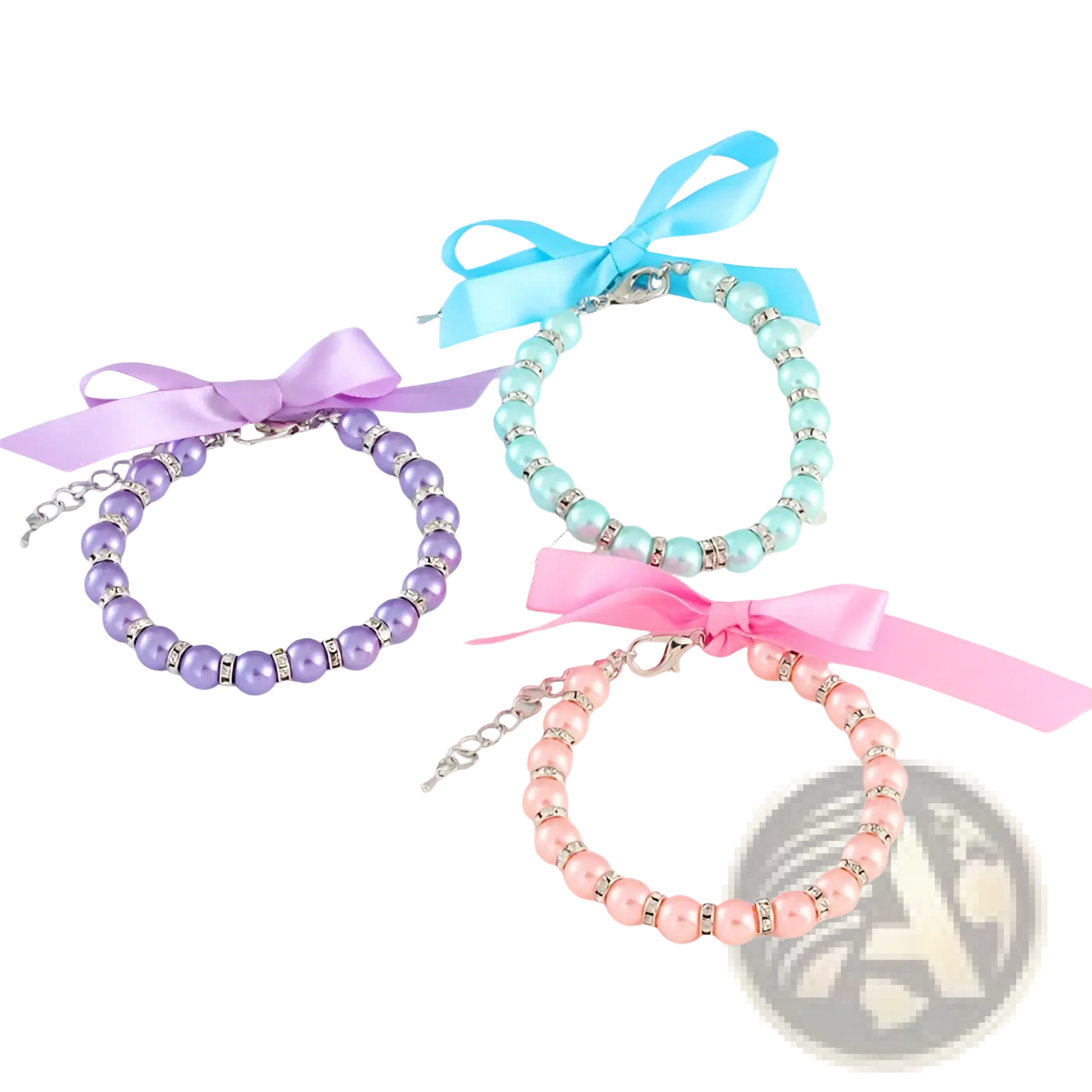 Pearl pet collar pastel ribbon necklace featuring three pastel-colored pearl bracelets with silver rhinestone accents and satin bows