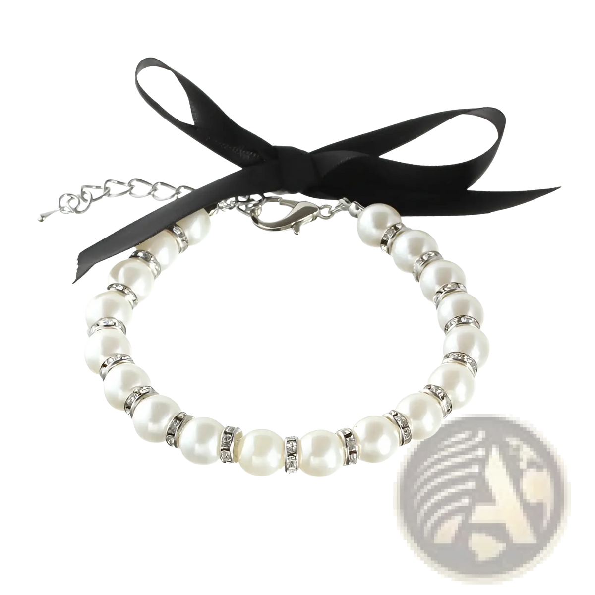 Elegant pearl pet collar pastel ribbon necklace with silver-toned rhinestone accents and black satin bow accessory