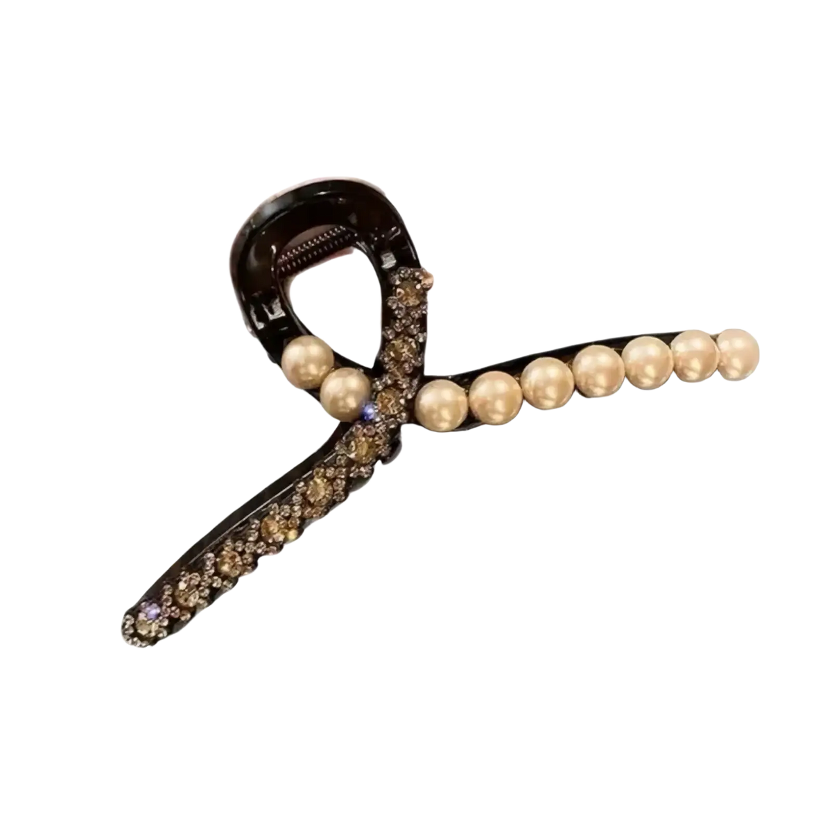 Pearl rhinestone hair claw clip in black with cream pearls and sparkling rhinestones along its curved design