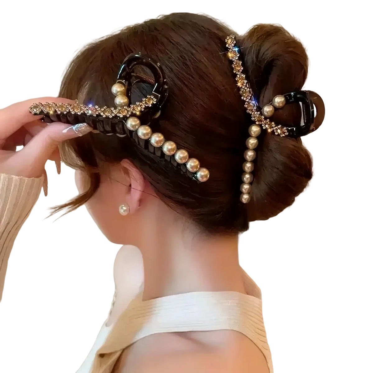 Black pearl rhinestone hair claw clip featuring gold-toned pearls and sparkling rhinestones for elegant styling