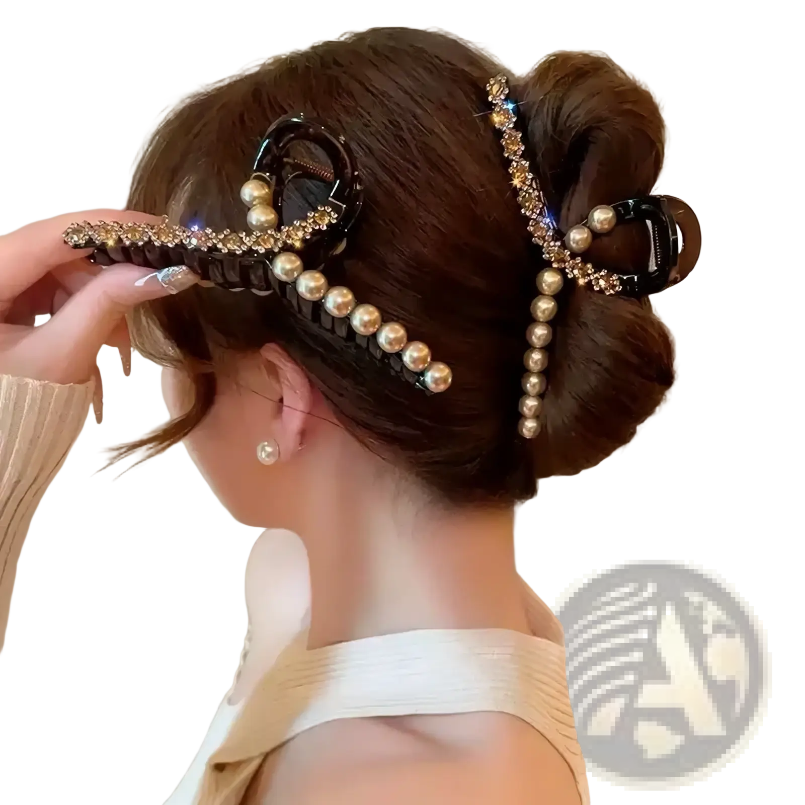 Black pearl rhinestone hair claw clip featuring gold-toned pearls and sparkling rhinestones for elegant styling