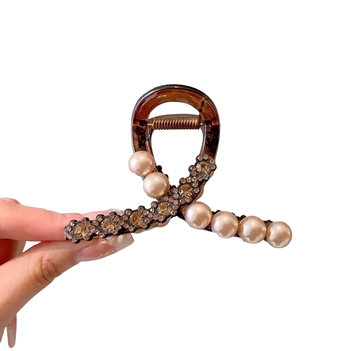 Pearl rhinestone hair claw clip with tortoiseshell metal frame adorned with cream pearls and sparkling rhinestones