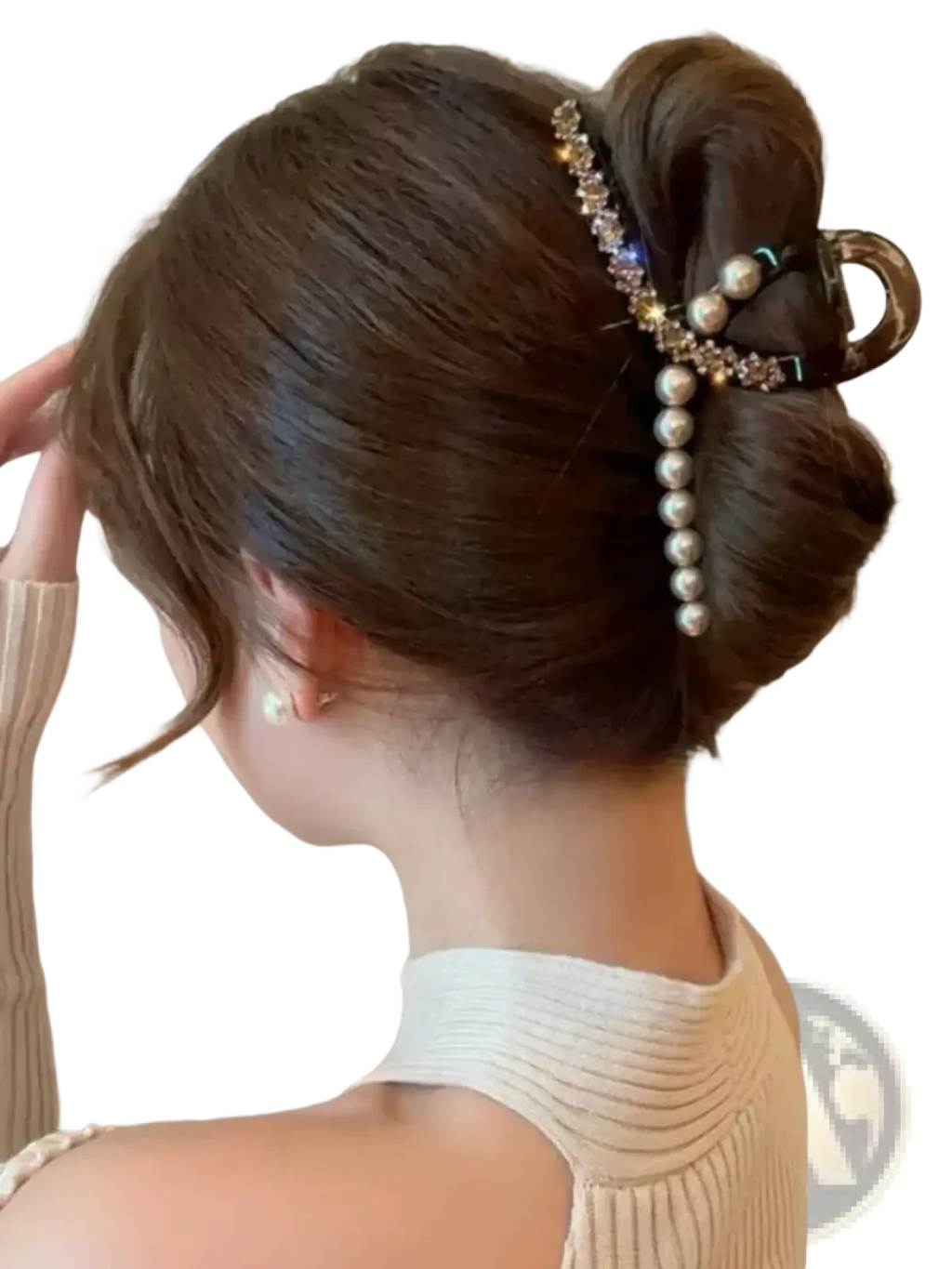 Pearl rhinestone hair claw clip with sparkling crystals and vertical white pearls in an elegant curved design