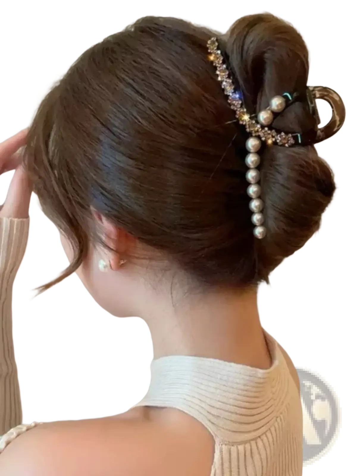 Pearl rhinestone hair claw clip with sparkling crystals and vertical white pearls in an elegant curved design