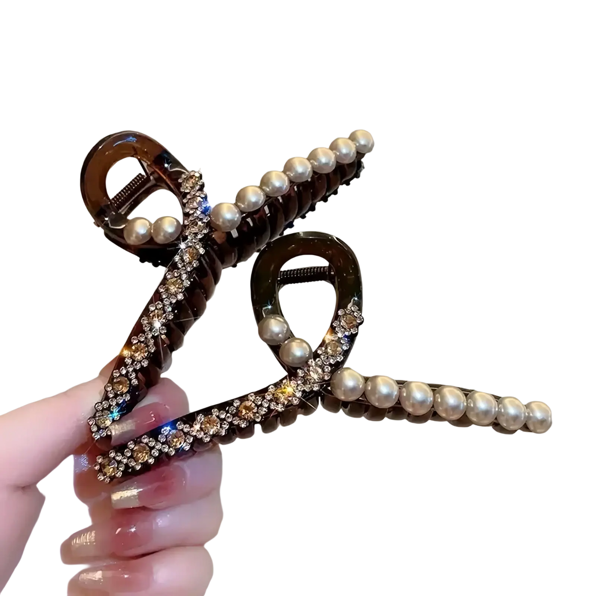 Pearl rhinestone hair claw clip decorative brown claw clip with white pearls and rhinestones along curved edges