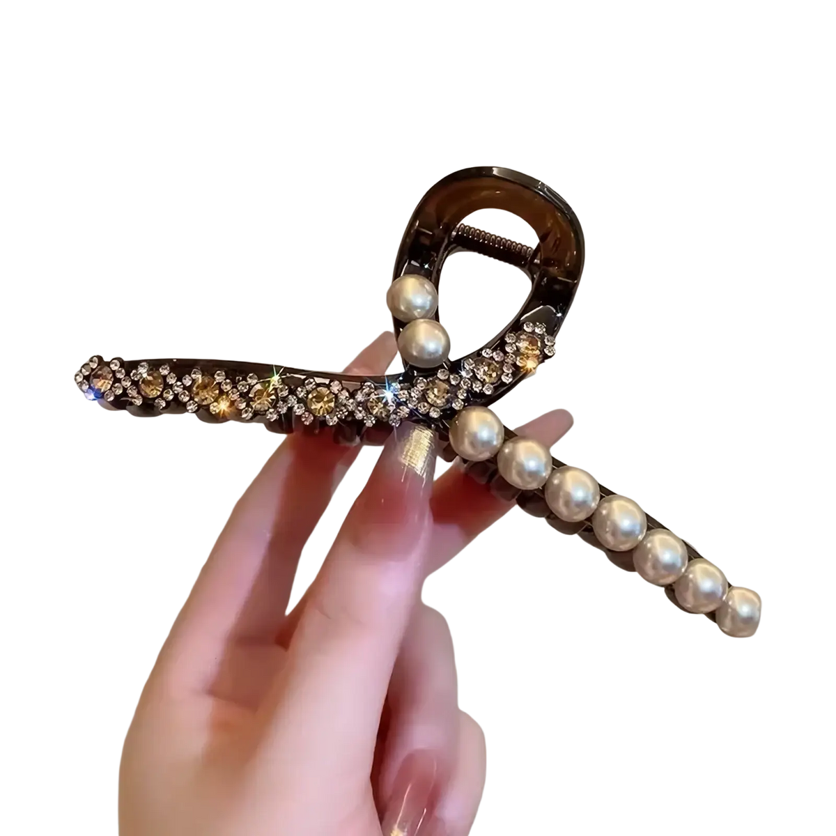 Pearl rhinestone hair claw clip in dark brown with shimmering crystals and lustrous white pearls for elegant styling