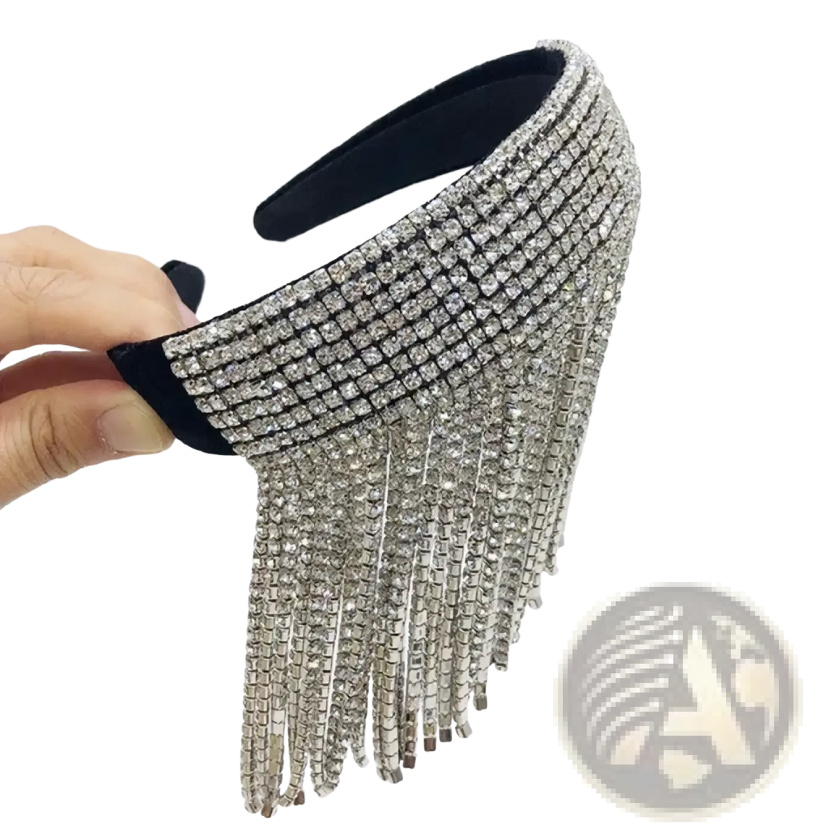Pearl rhinestone headband featuring a sparkling silver rhinestone fringe with black velvet interior for elegant bridal wear