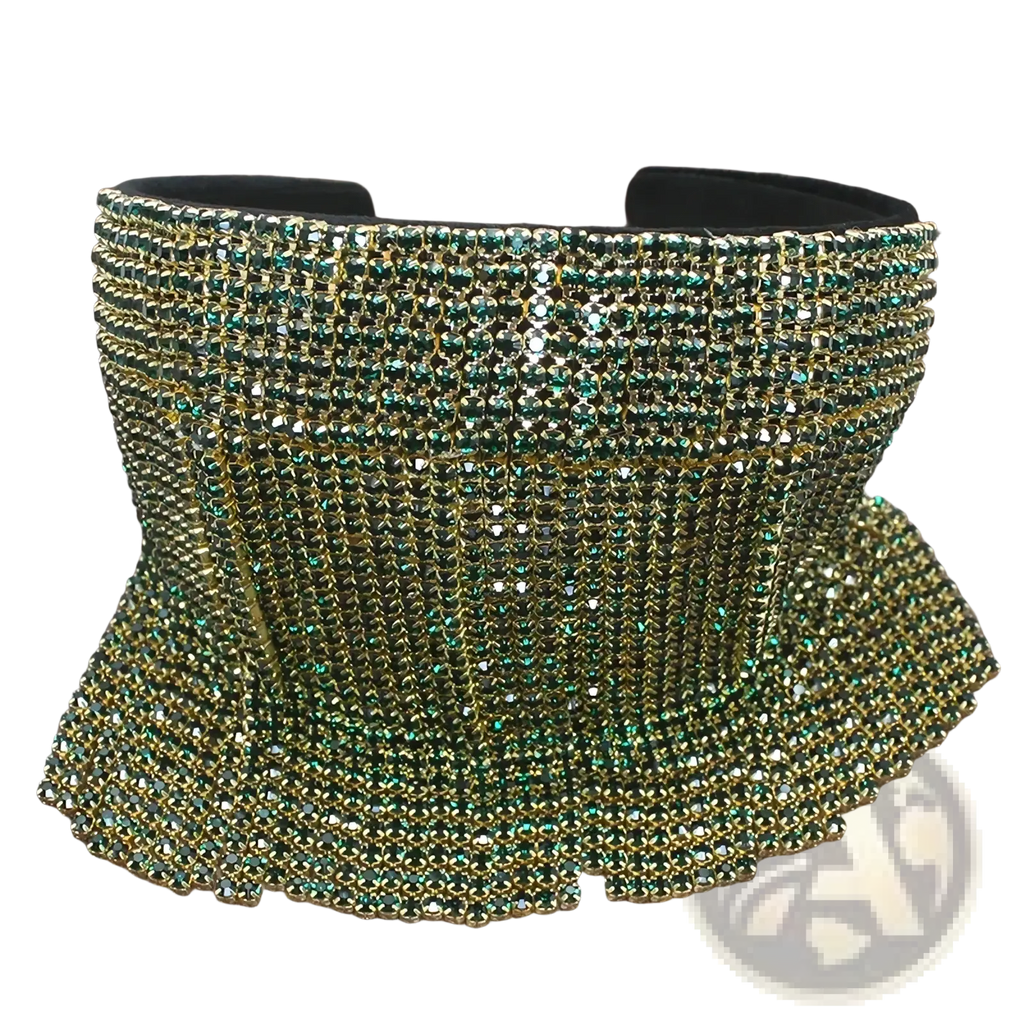 Emerald and gold rhinestone embellished choker with cascading fringe paired with pearl rhinestone bridal hair hoop
