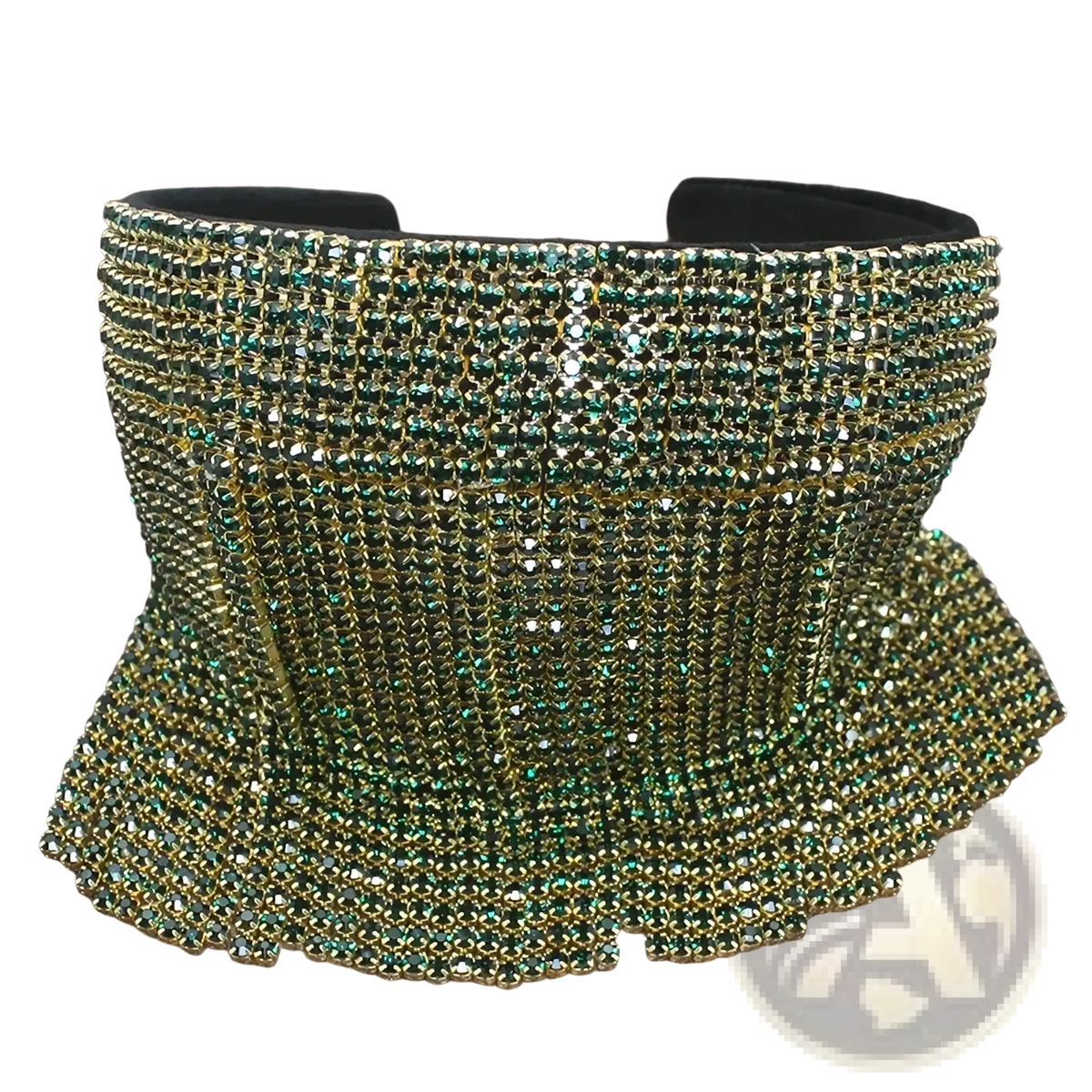 Emerald and gold rhinestone embellished choker with cascading fringe paired with pearl rhinestone bridal hair hoop