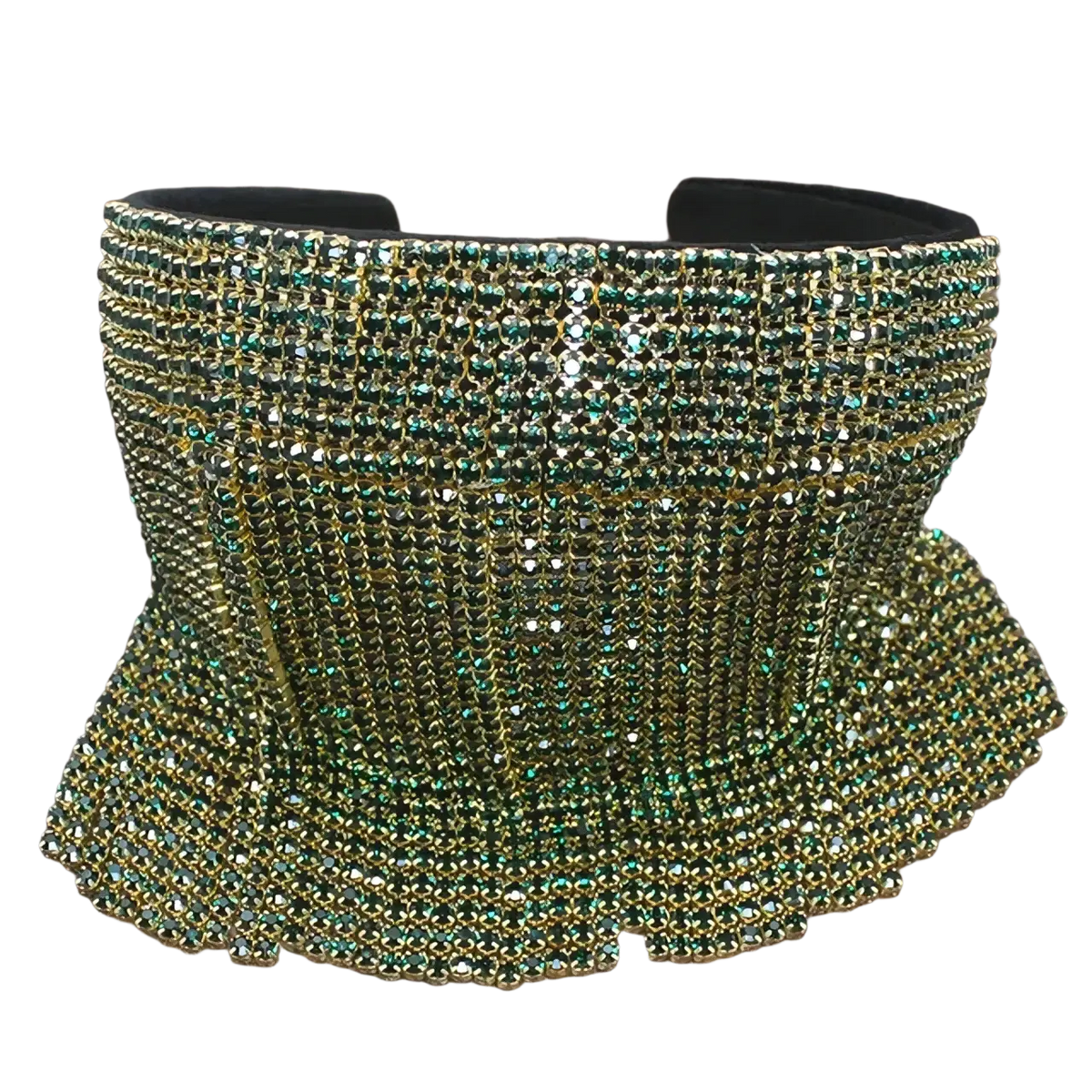 Pearl rhinestone headband with shimmering emerald and gold rhinestone embellishments and cascading fringe for bridal hair