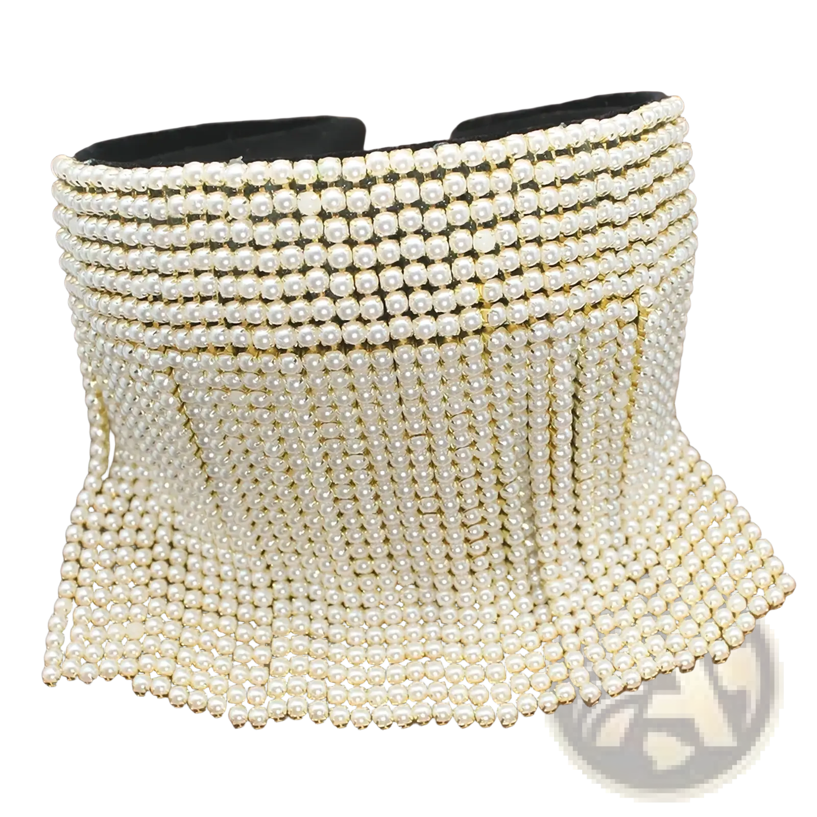 A pearl rhinestone headband featuring an off-white beaded corset-style belt with pearl and gold-toned fringe accents