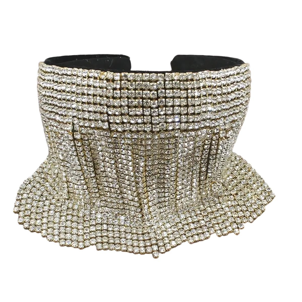 A shimmering gold rhinestone choker with flared cascading fringe design from pearl rhinestone headband bridal collection