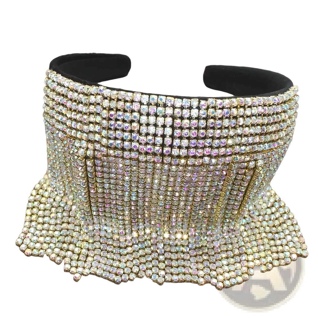 Pearl rhinestone headband with shimmering gold rhinestones and cascading fringe design with black velvet lining