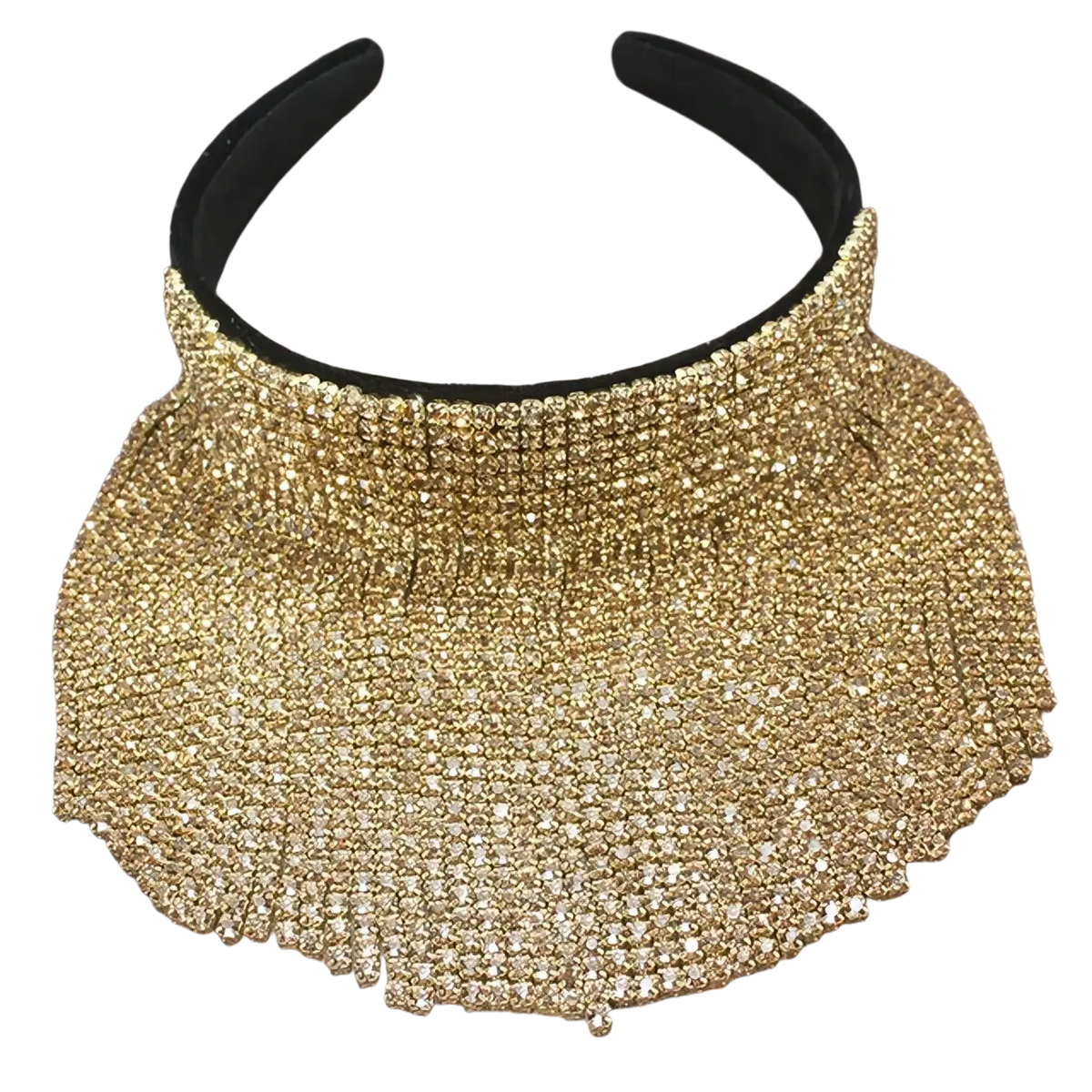 Pearl rhinestone headband featuring a shimmering gold rhinestone visor with a black velvet band for elegant bridal wear