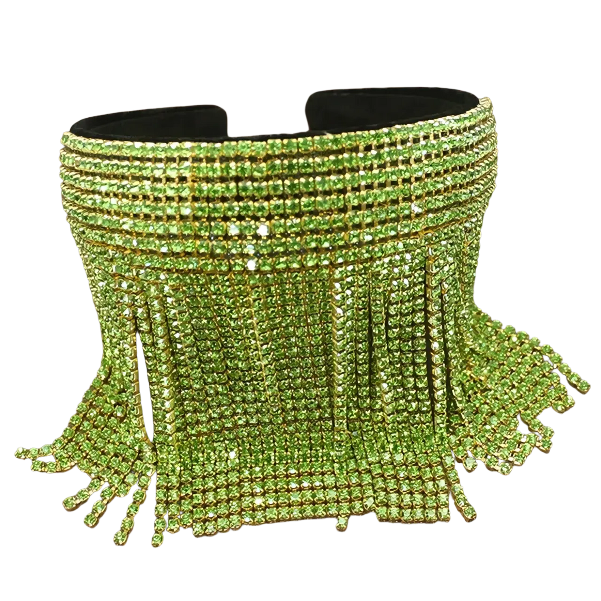 A pearl rhinestone headband featuring a shimmering lime green rhinestone fringe choker with black velvet interior