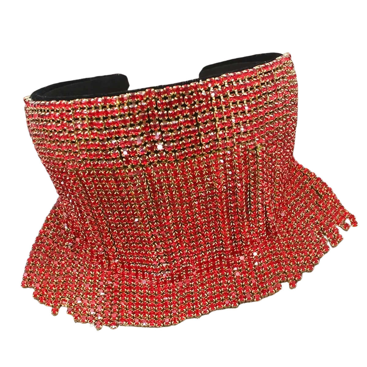 Pearl rhinestone headband with dazzling red beaded choker and gold-toned metal accents for elegant bridal wear
