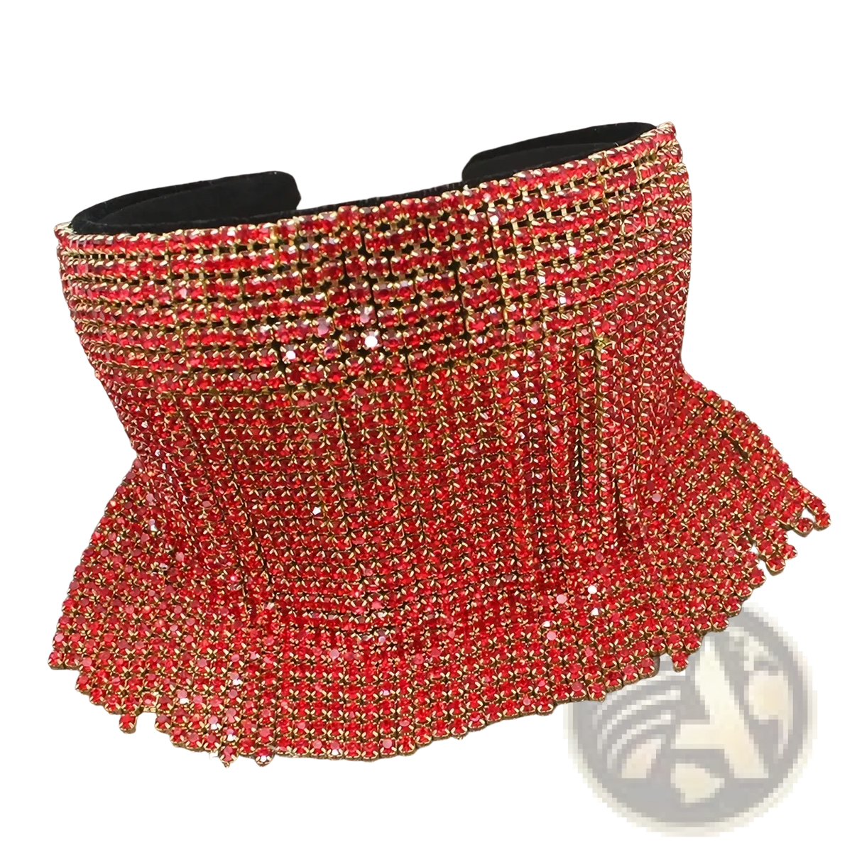A dazzling red rhinestone corset with black velvet interior and gold-toned metal accents for elegant bridal wear