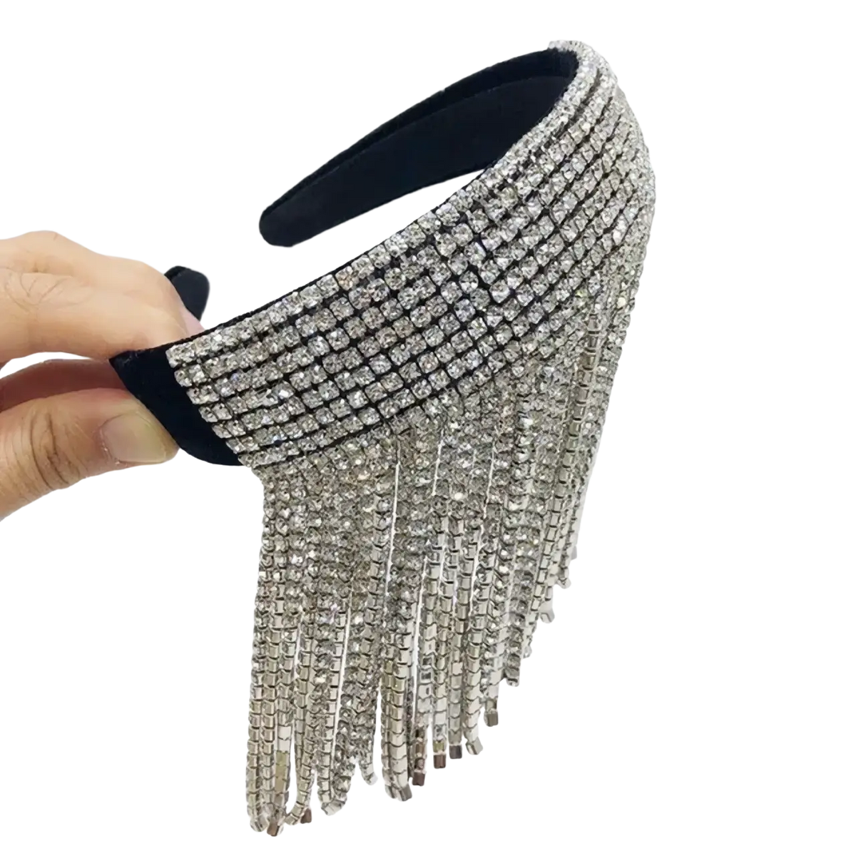 Pearl rhinestone headband featuring a sparkling silver rhinestone fringe with black velvet interior for elegant bridal wear
