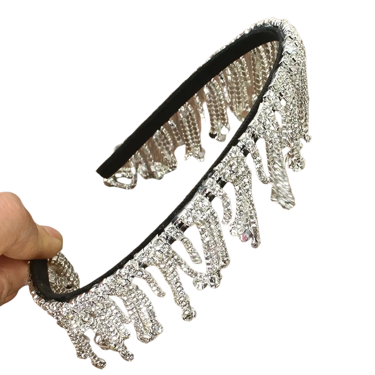 Pearl rhinestone headband featuring a sparkling silver tiara with cascading crystal strands on a black velvet band