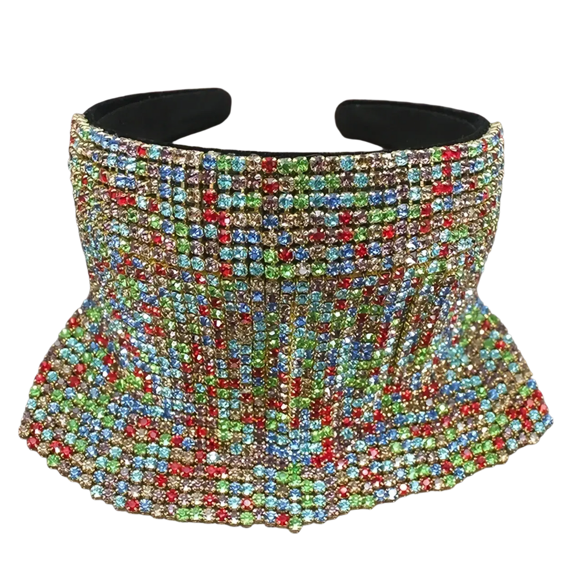 A vibrant multi-colored rhinestone visor with a wide brim and black elastic band for elegant bridal wear