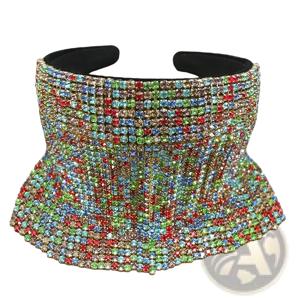 Pearl rhinestone headband with vibrant multi-colored rhinestones flared design and black velvet lining for bridal wear
