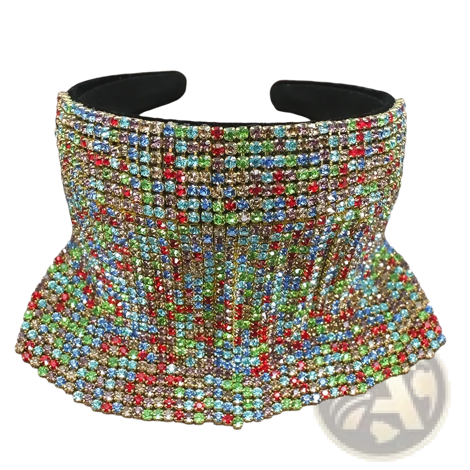 Pearl rhinestone headband with vibrant multi-colored rhinestones flared design and black velvet lining for bridal wear