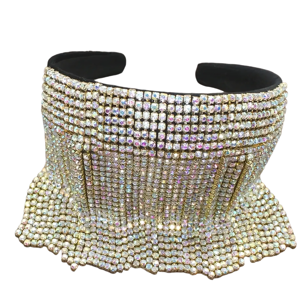 Pearl rhinestone headband with sparkling clear and iridescent rhinestones on black velvet for elegant bridal wear