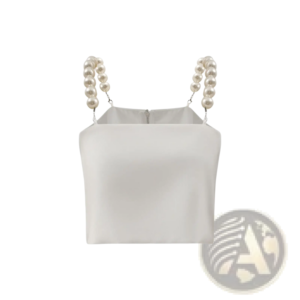 A sleek white satin crop top with pearl-embellished shoulder straps perfect for elegant occasions