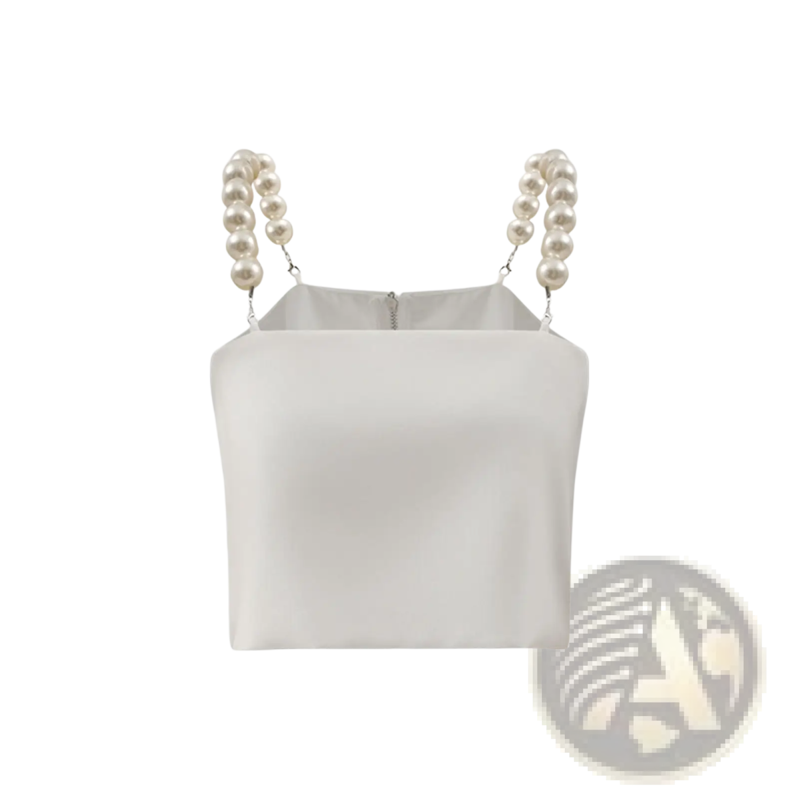 A sleek white satin crop top with pearl-embellished shoulder straps perfect for elegant occasions