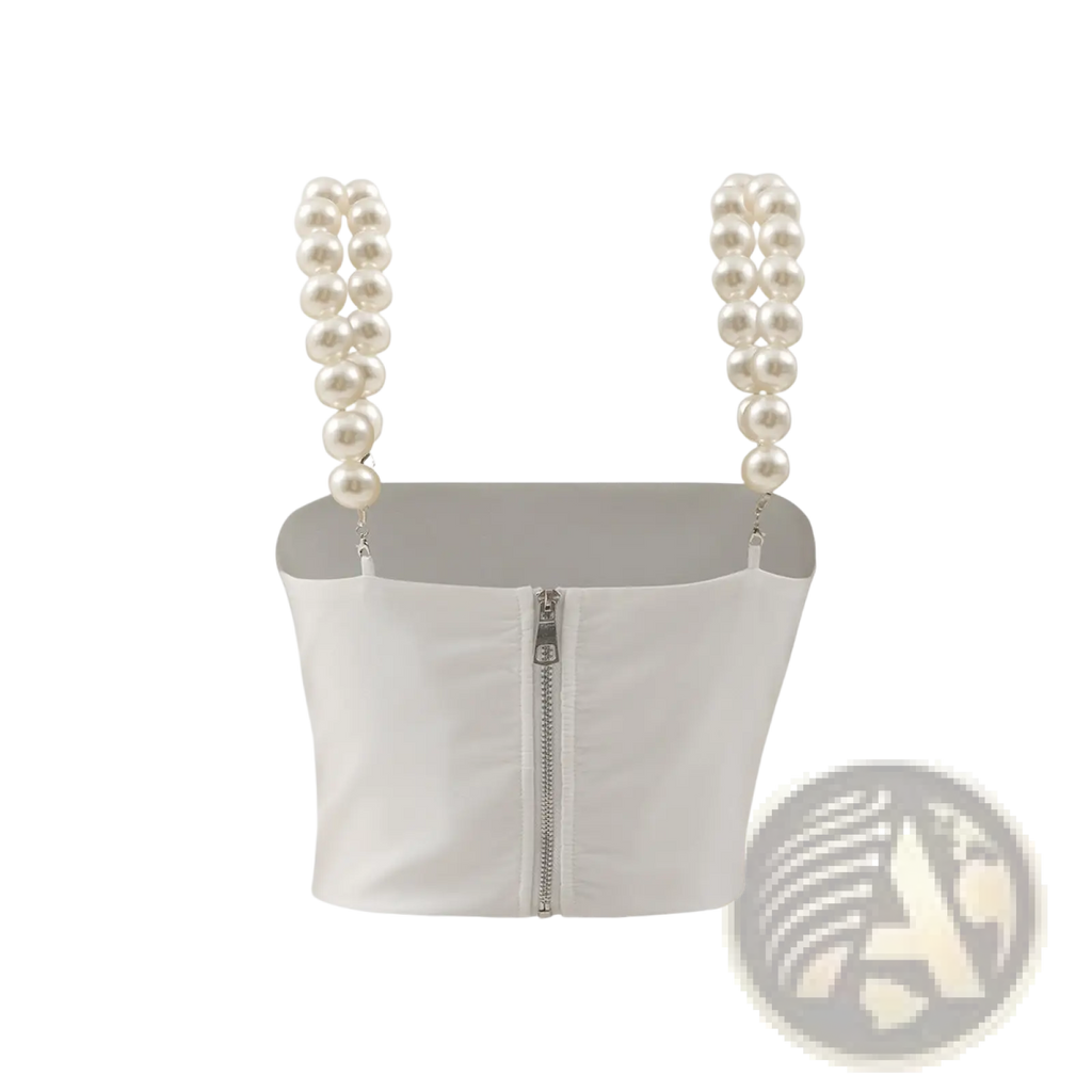 White satin crop top with pearl-studded straps and a front zipper for elegant casual wear