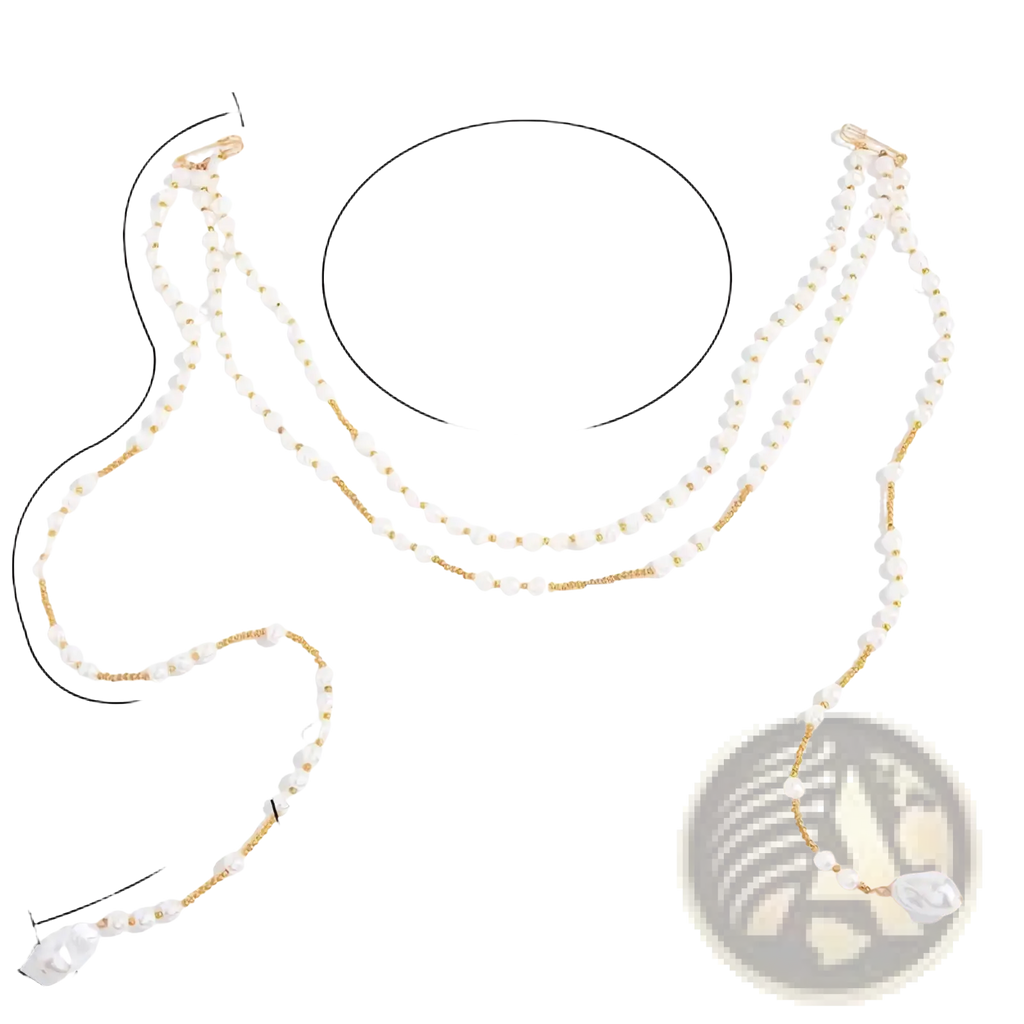 A delicate double-strand pearl tassel chain brooch with gold-toned accents and a white pendant vintage pin