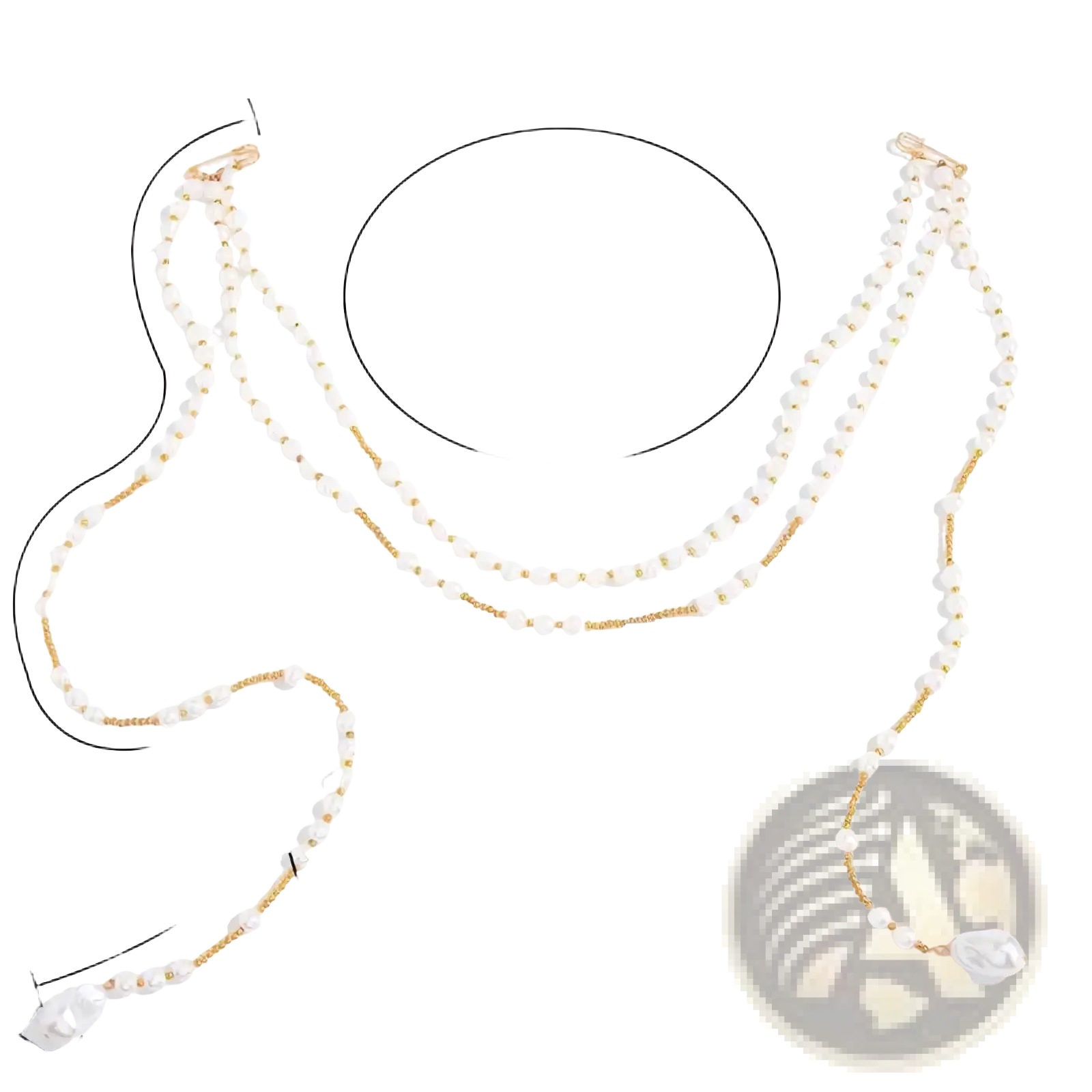 A delicate double-strand pearl tassel chain brooch with gold-toned accents and a white pendant vintage pin