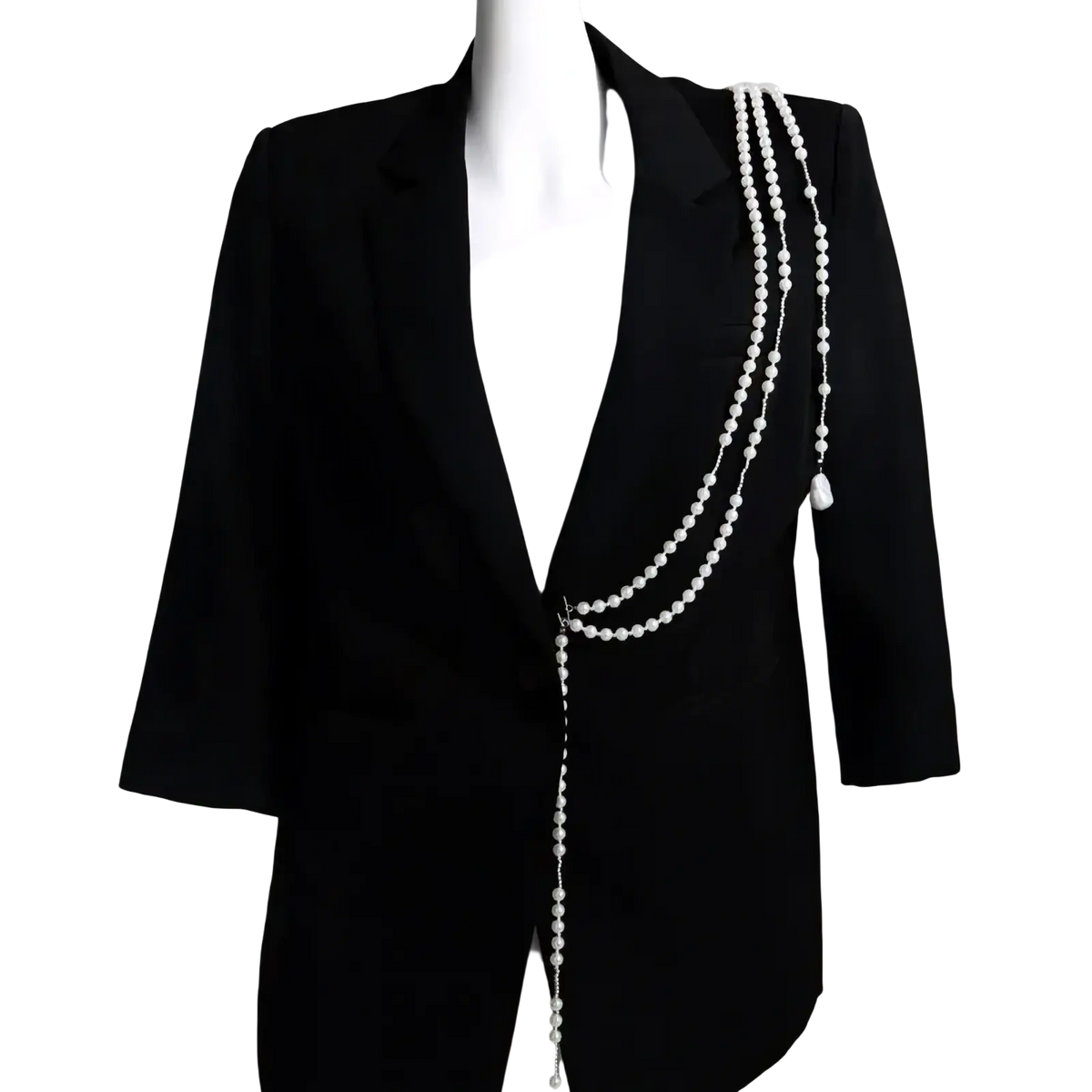 Elegant vintage pearl tassel chain brooch with multi-strand pearls draped over a black blazer for formal wear