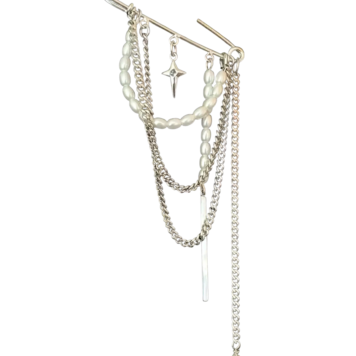 Silver chain pin with white pearls and star charm elegant vintage pearl tassel chain brooch accessory