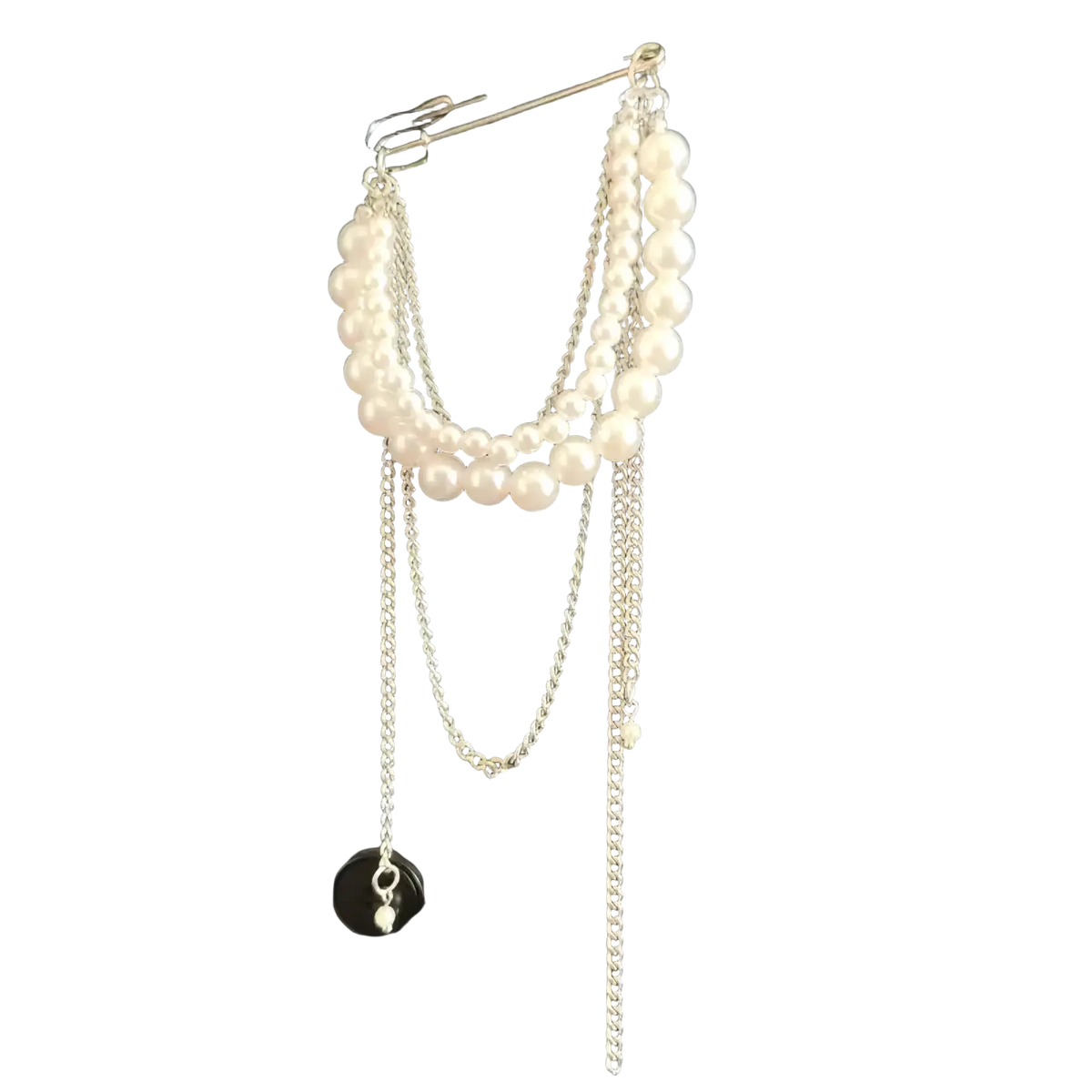 Elegant pearl tassel chain brooch featuring cascading white pearls silver chains and a black circular pendant