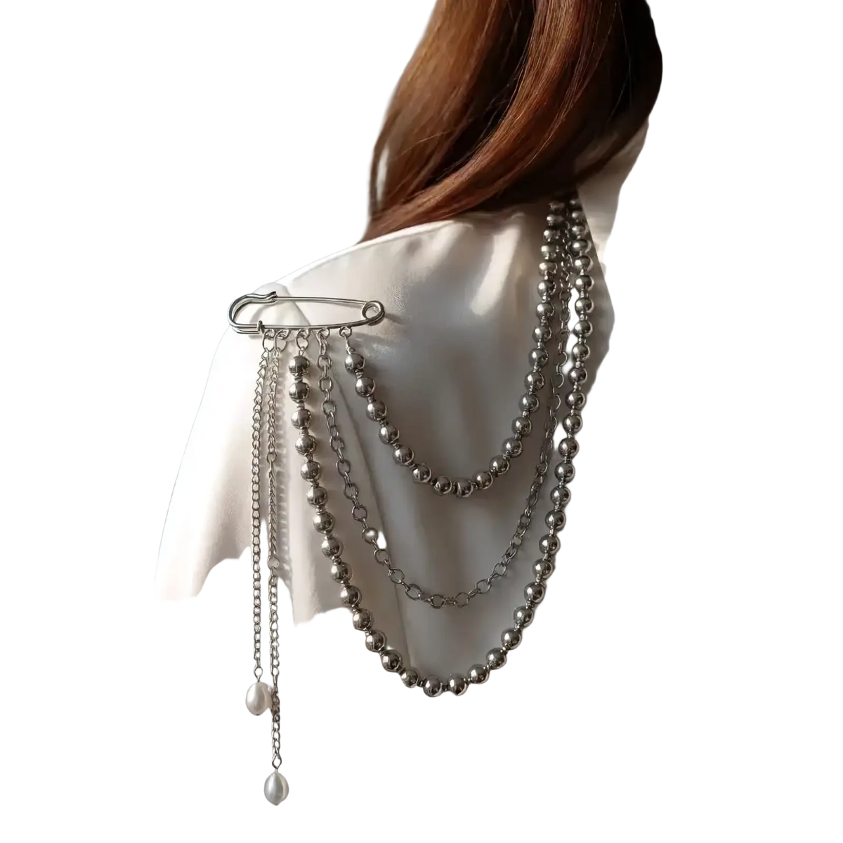 Silver safety pin brooch with layered beaded chains and dangling pearls pearl tassel chain brooch elegant vintage pin