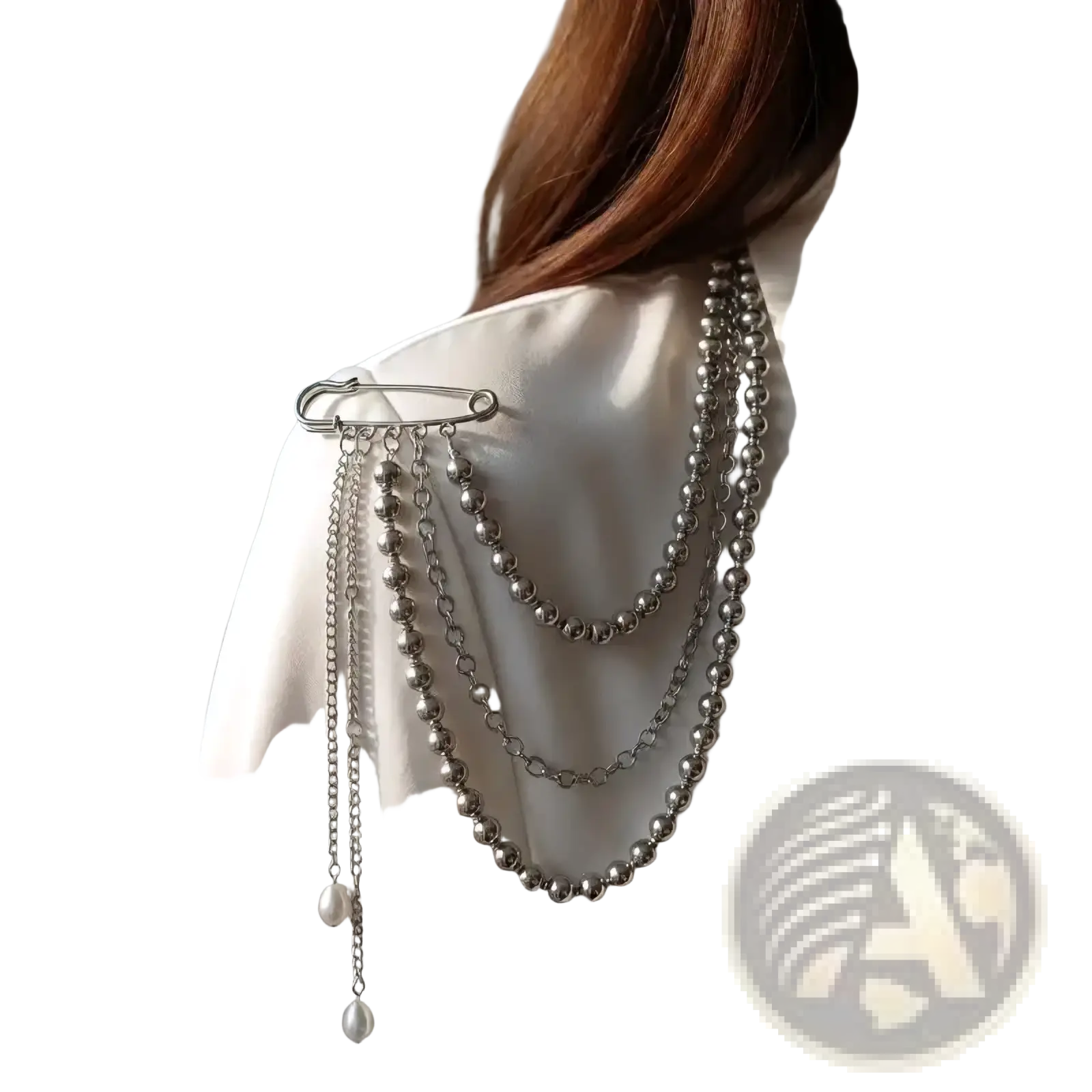 Silver safety pin brooch with layered beaded chains and dangling pearls pearl tassel chain brooch elegant vintage pin
