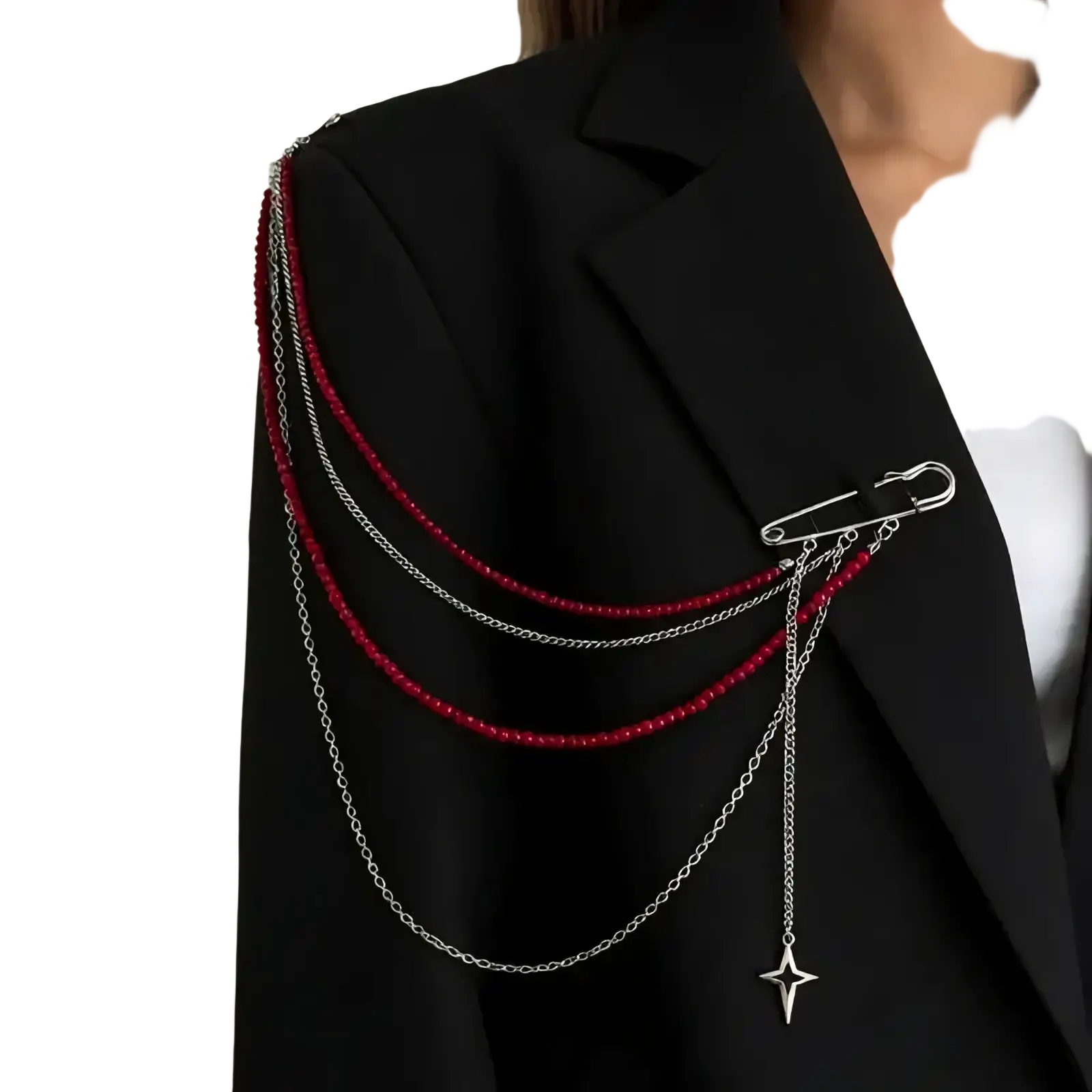 Silver safety pin brooch with layered chains, red beads, and a star pendant in an elegant vintage pearl tassel design