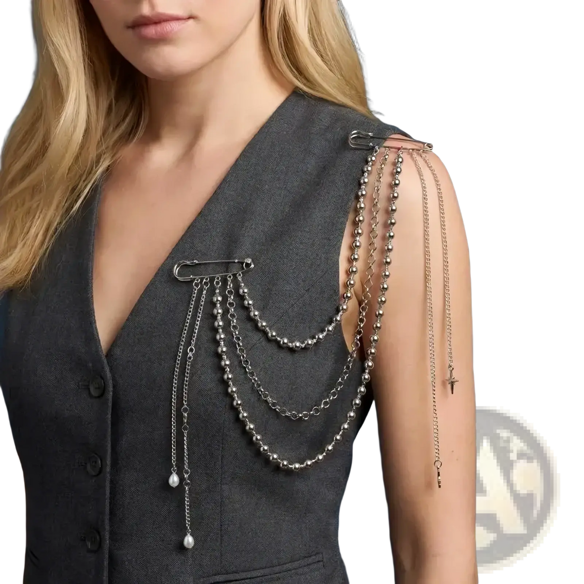 Silver chain shoulder accessory with layered beads and pendants featuring a safety pin clasp for elegant vintage wear
