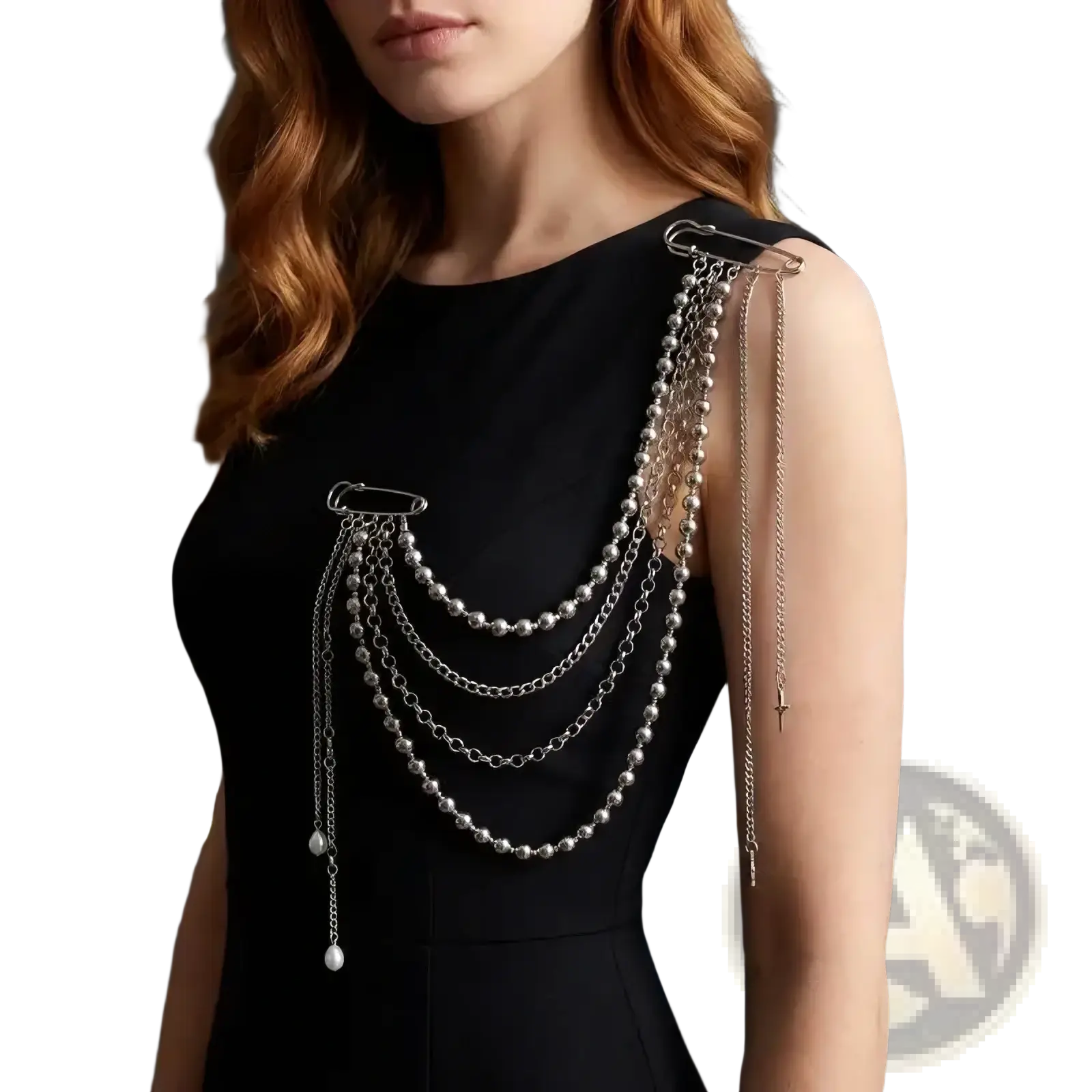 Pearl tassel chain brooch silver-toned multi-layered chain shoulder accessory with pearl beads and safety pin clasps