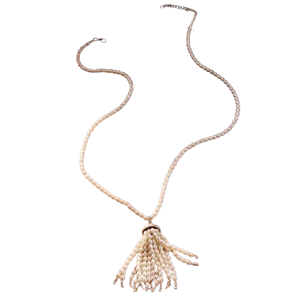Ivory pearl tassel pendant necklace with slender beaded chain and intricate layered fringe for long sweater styling