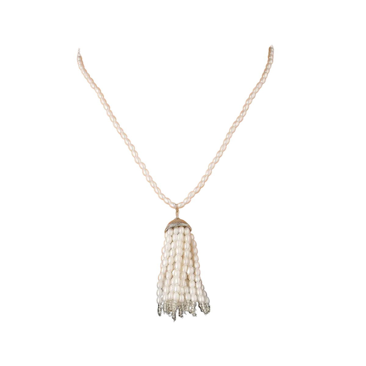 A delicate white pearl tassel pendant necklace with silver-toned accents for long sweater chain styling
