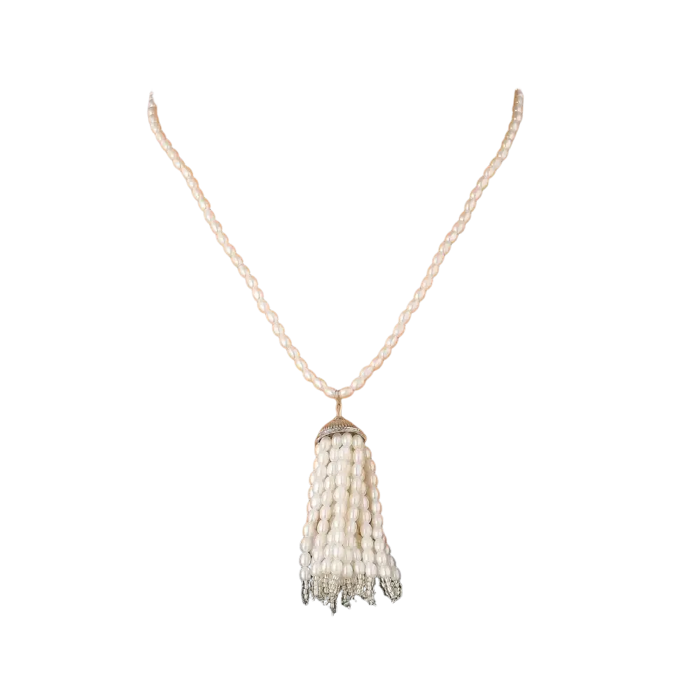 Elegant white pearl tassel pendant necklace with silver-toned metal clasp designed as a long sweater chain accessory