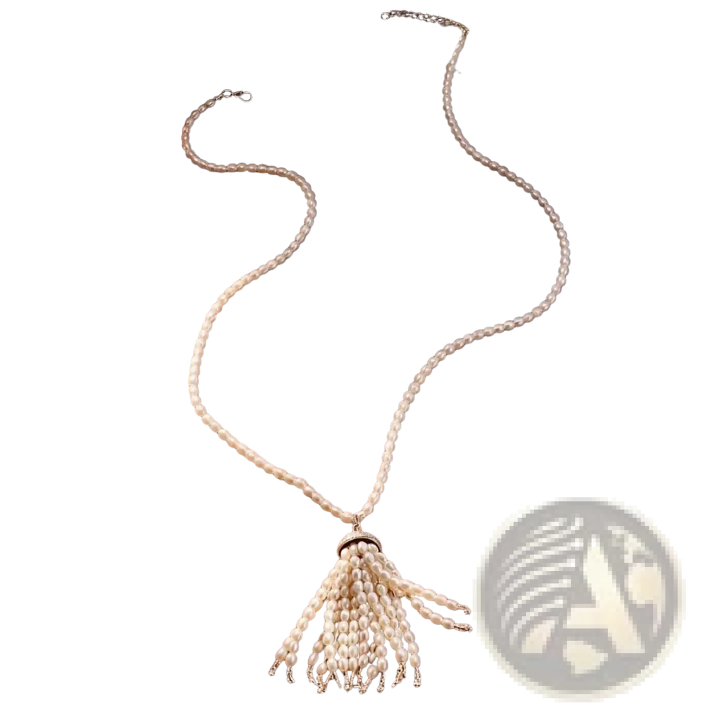 Ivory pearl tassel pendant necklace with slender beaded chain and intricate layered fringe for long sweater styling