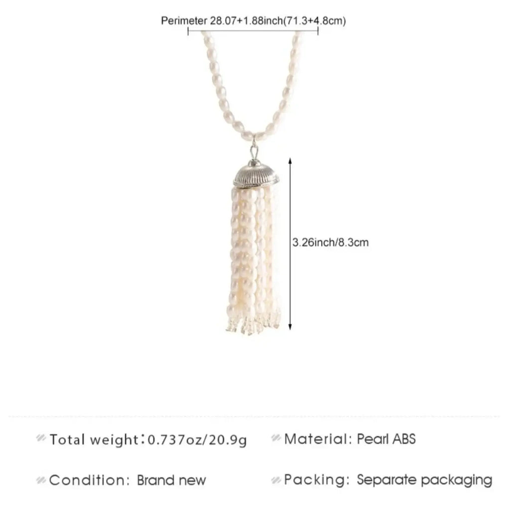 Pearl tassel pendant necklace long sweater chain featuring a delicate white pearl abs tassel with silver-toned cap