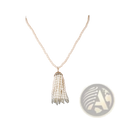 A delicate white pearl tassel pendant necklace with silver-toned accents for long sweater chain styling