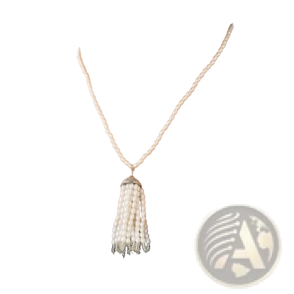 Elegant white pearl tassel pendant necklace with silver-toned metal clasp for long sweater chain styling