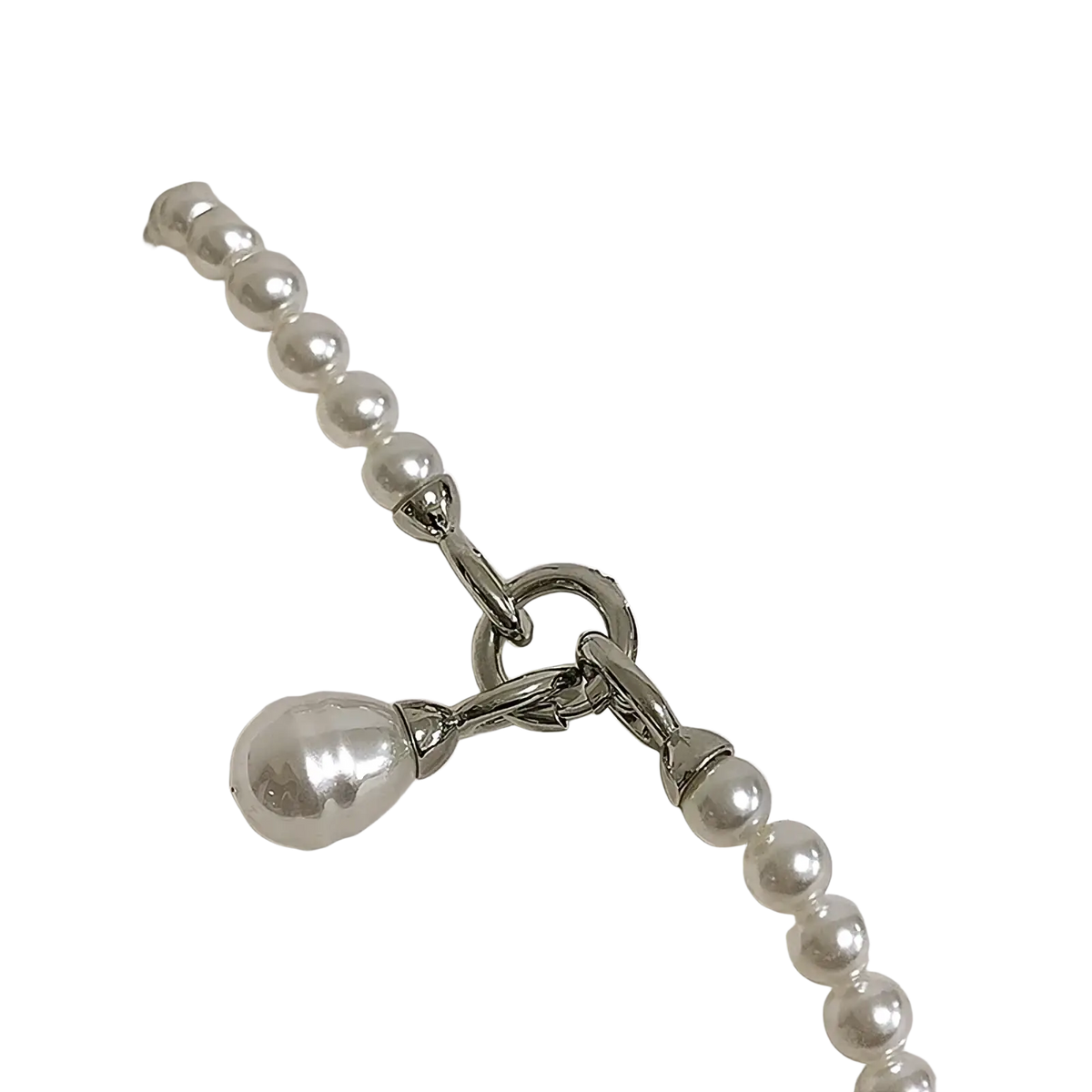 A delicate silver-toned pearl teardrop pendant necklace with uniform white pearls and a single teardrop-shaped pearl