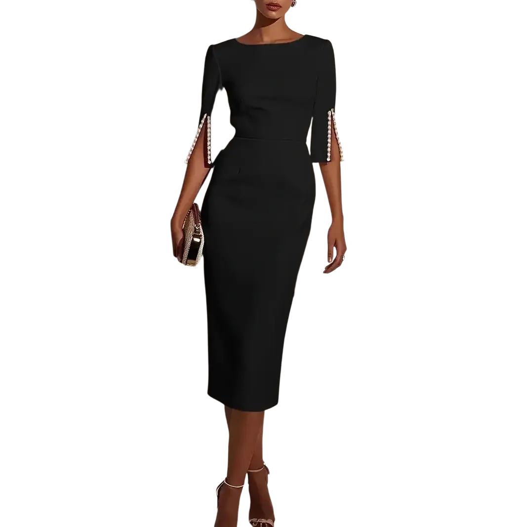 Black midi dress with three-quarter sleeves featuring pearl trim cuffs perfect for elegant office party wear